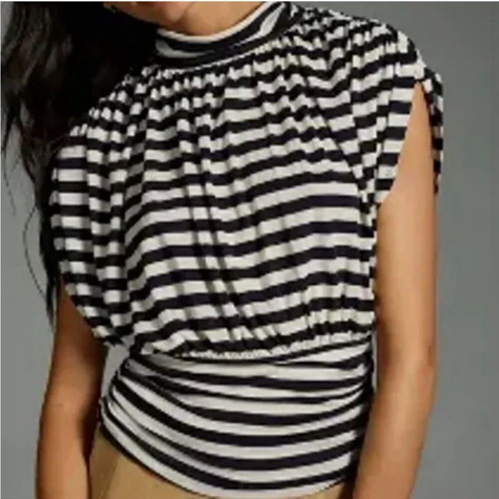 Anthropologie Maeve navy blue and white ruched striped top size small